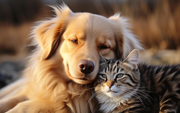 Cute pet sitting together and Close up portrait on beautiful cat and dog