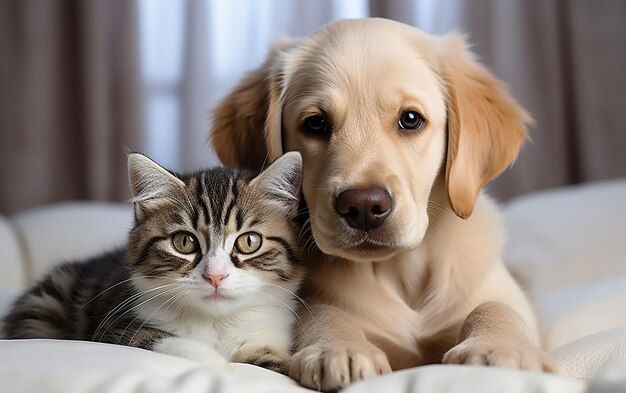 可愛いペットが一緒に座って ⁇ 美しい猫と犬の肖像画を閉じる