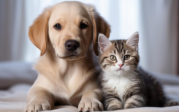함께 앉아 있는 귀여운 애완동물과 아름다운 고양이와 개의 포트레이트 클로즈업
