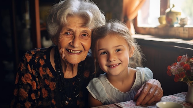 Cute photo Grandmother and granddaughter hugging created with Generative Al technology