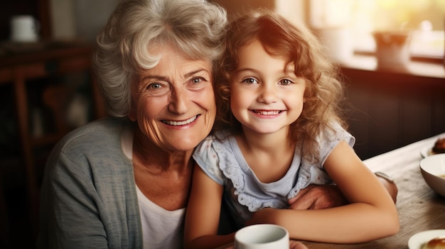 Cute photo Grandmother and granddaughter hugging