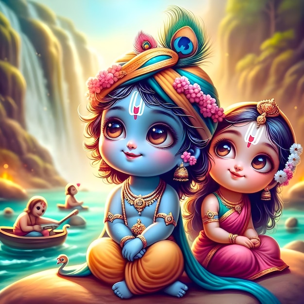 Foto una bella foto di radhe krishna con il fiume zula