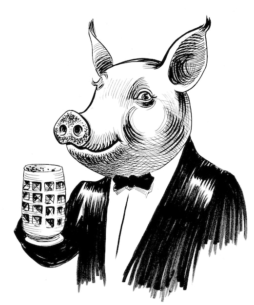 Cute pig drinking a mug of beer Ink black and white drawing
