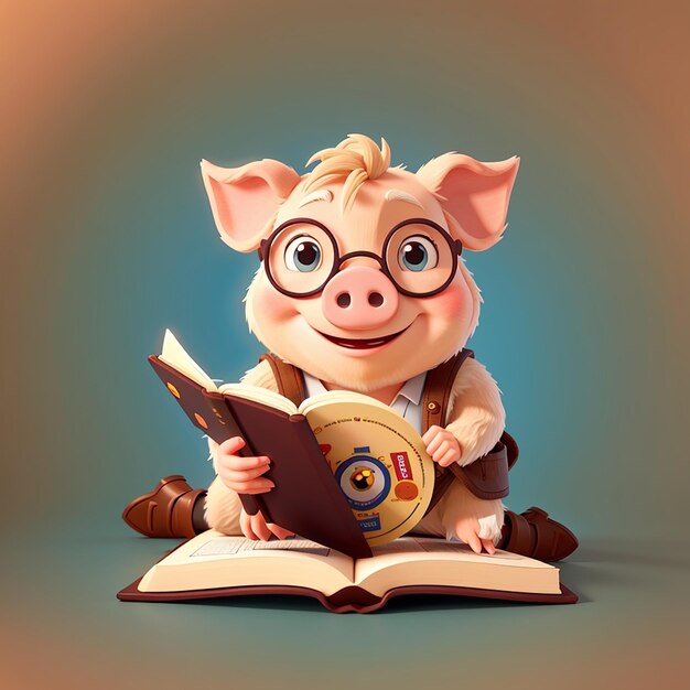 Photo cute pig reading book with magnifying glass cartoon vector icon illustration animal education flat