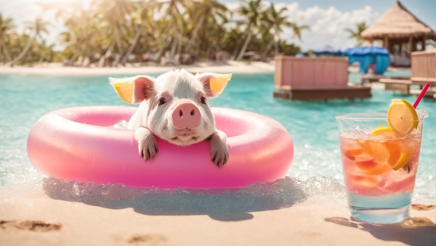 Милая свинья в плавательном кругу пьет коктейль на пляже