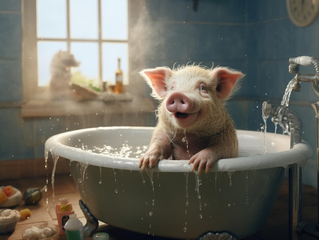 Photo a cute pig taking a bath on a bath tube