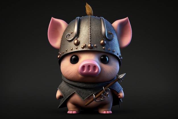 Cute pig in warrior mascot costume on black background 12 Chinese zodiac signs horoscope concept