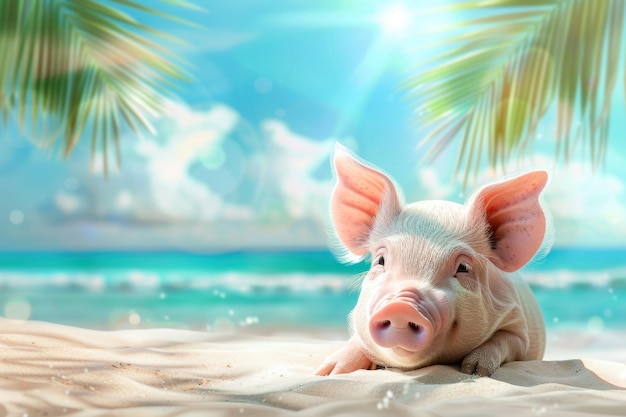 Милая свинья с удивленным выражением лица отдыхает на пляже с пальмами