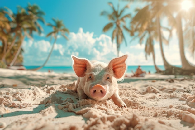 Cute pig with surprised expression resting on vacation on a beach with palm trees