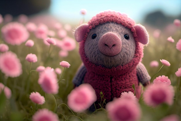 ピンクの花の庭で可愛い小豚の人形 ヴァレンタインデーコンセプト