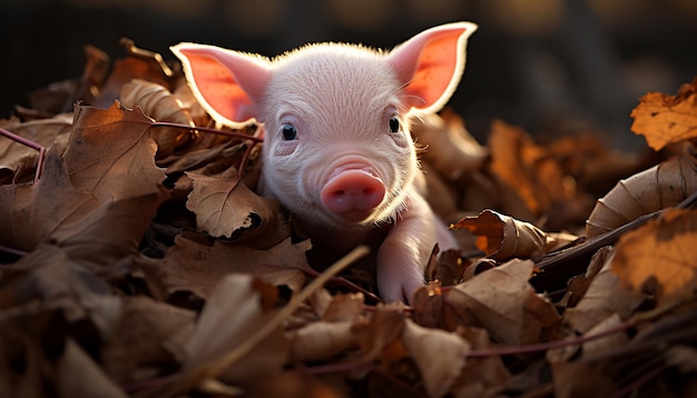 Cute piglet grazing on grass in autumn farm meadow generated by artificial intelligence