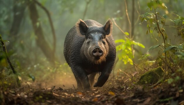 Foto dolce porcellino che pasca sull'erba verde nella foresta pluviale tropicale generato dall'intelligenza artificiale