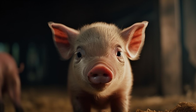 AI가 생성한 음식을 위해 자라는 순진해 보이는 귀여운 새끼 돼지