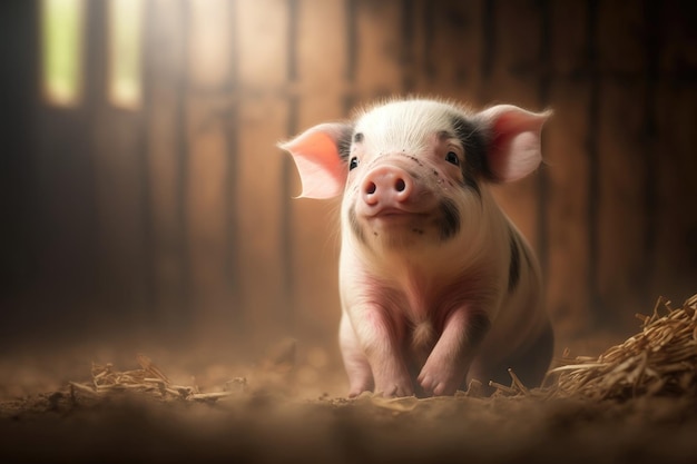 Cute piglet playing in the farm