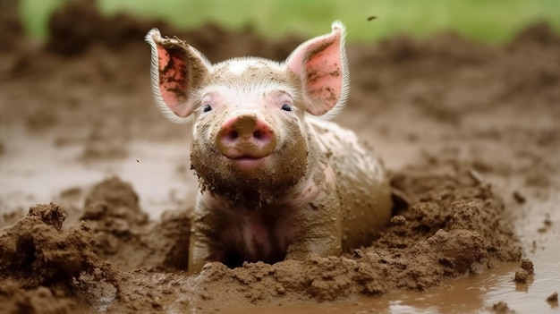 A cute piglet rolling in mud AI generated