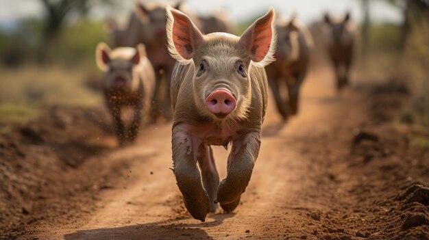 Photo a cute piglet running on a dirt road