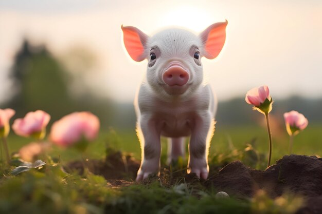 Photo cute piglet standing on grass land in chordate countryside