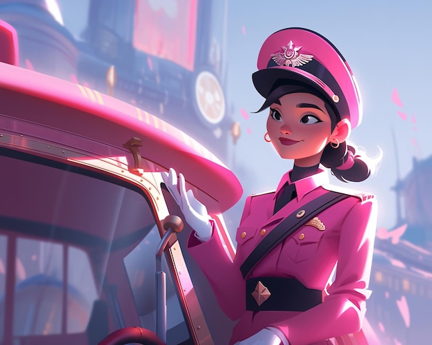 Cute pilot or flight attendant girl in pink uniform cartoon character illustration animated style