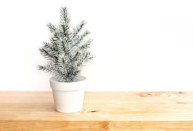 Cute pine tree mock up on white pot on wooden table