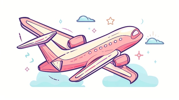 Photo cute pink airplane flying in the clouds with stars