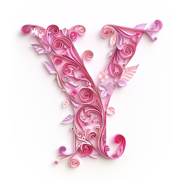 Photo cute pink alphabet y as quilling art shape on white background