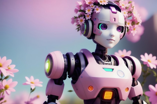 Cute pink android robot on a background of bright blooming spring flowers Generative AI