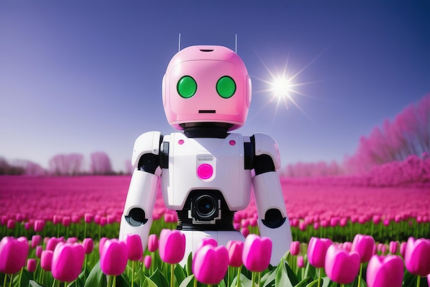 Cute pink android robot in a field of tulips Generative AI