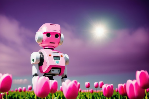 Cute pink android robot in a field of tulips Generative AI