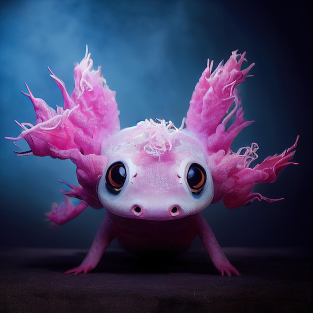 Photo cute pink axolotl on blue background