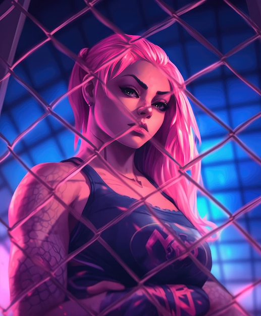 Cute pink beauty girl in a cage