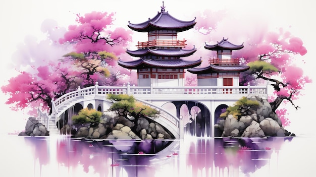 cute pink blossom asian pagoda with water and trees