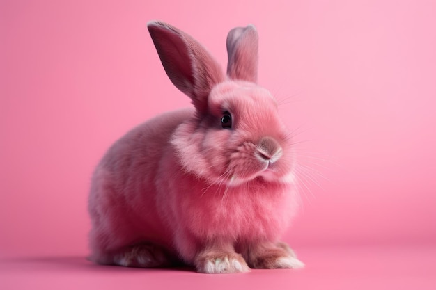 Cute pink bunny sitting on a vibrant pink background Generative AI