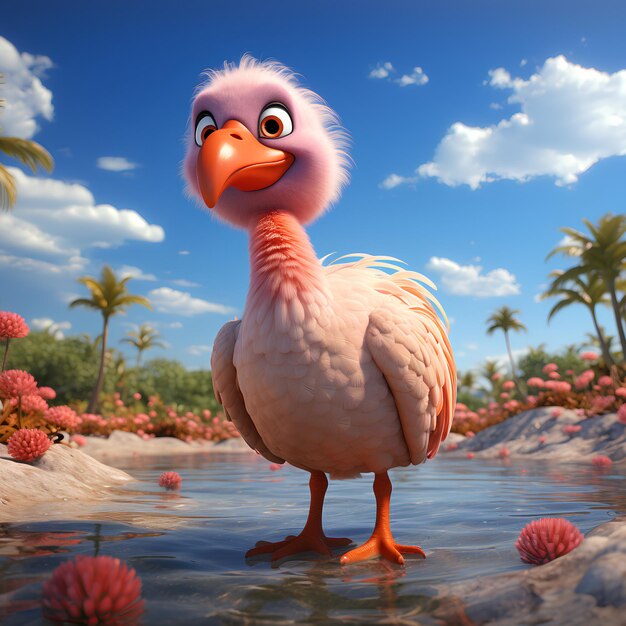 Cute pink flamingo bird in summer