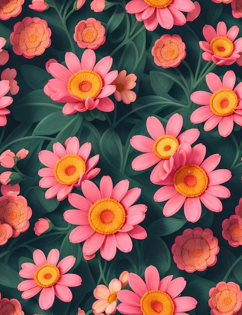 Cute pink flowers illustration seamless pattern 3d realistic style mobile wallpaper design