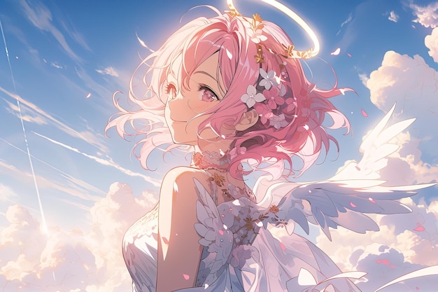 cute pink haired angel girl with white wings and a halo on a blue sky yon in anime style