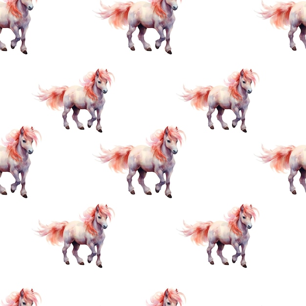 Cute pink horses seamless background for printing on fabrics Watercolor style