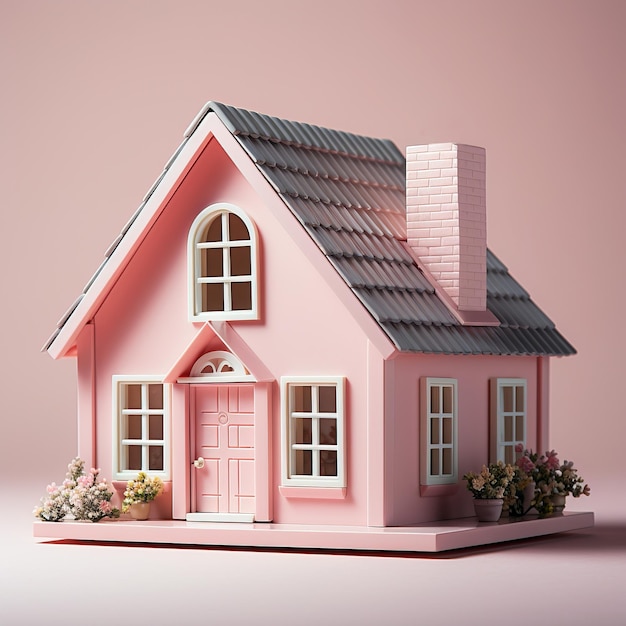 Симпатичный розовый дом 3d рендеринг в пастельных тонах