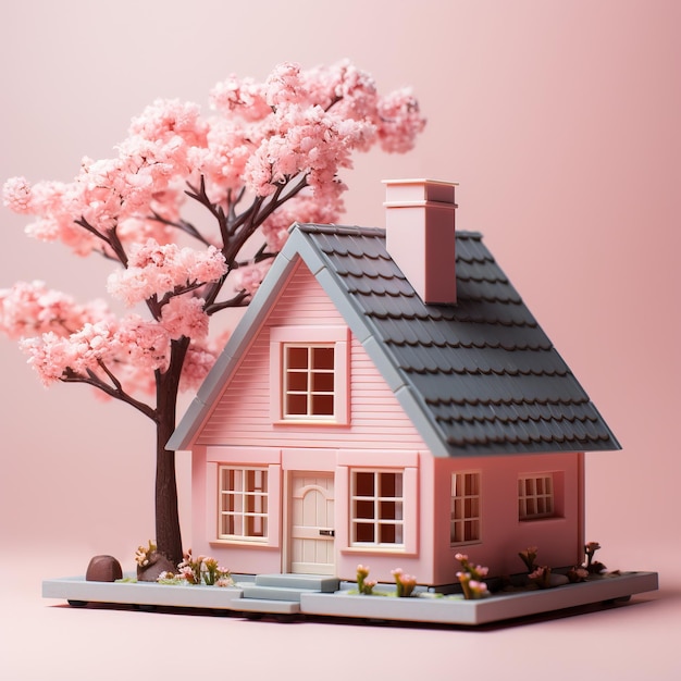 Cute pink house 3d render in pastel colors