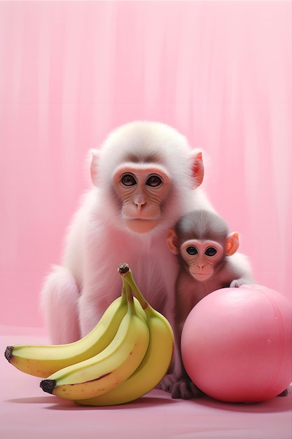 Photo cute pink monkey with yellow banana