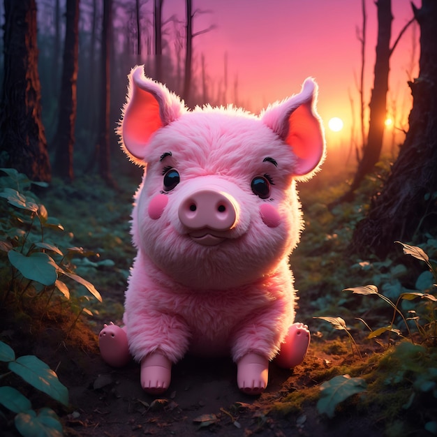 A cute pink pig standing in the woods