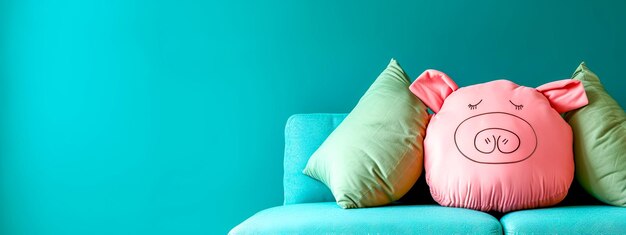 Cute pink piggy pillow on a teal sofa cozy and playful home decor