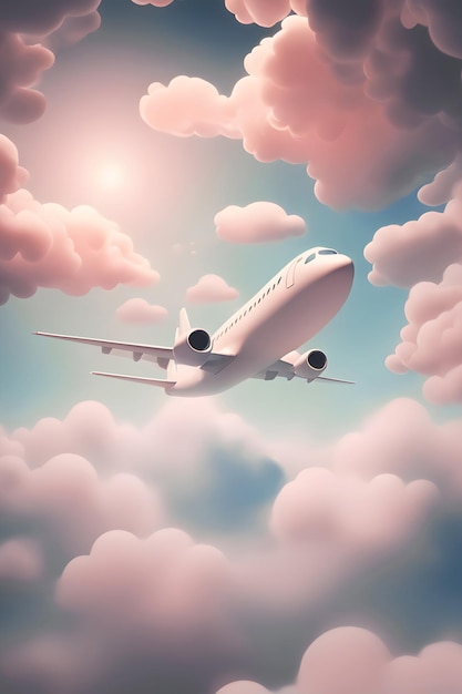 분홍색 마법의 구름 사이로 날아가는 귀여운 분홍색 비행기