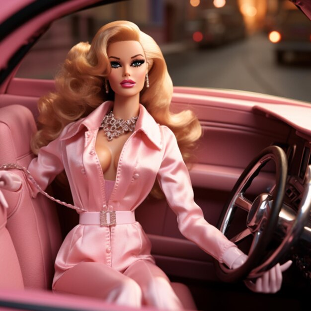 Cute pink plastic doll car portrait
