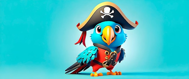 A cute pirate parrot in 3d animation style isolated on blue background