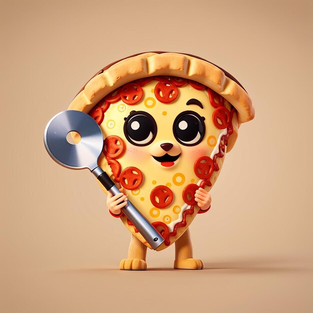 Photo cute pizza holding pizza cutter cartoon vector icon illustration food holiday icon concept isolated