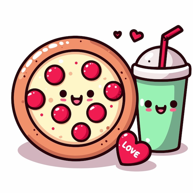 Cute pizza with a cartoon milkshake and hearts kawaii vector illustration isolated on white