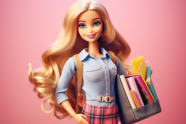 Cute plastic doll portrait Barbie going to school