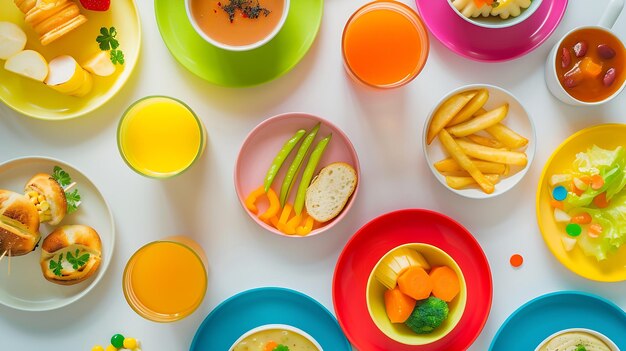 Foto piatti carini con una varietà di cibo per bambini zuppa di verdure patatine fritte pane e ia generativa