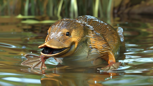 Photo a cute platypuslike creature with webbed feet and a ducklike bill swims in a pond the creature is brown and has a white belly