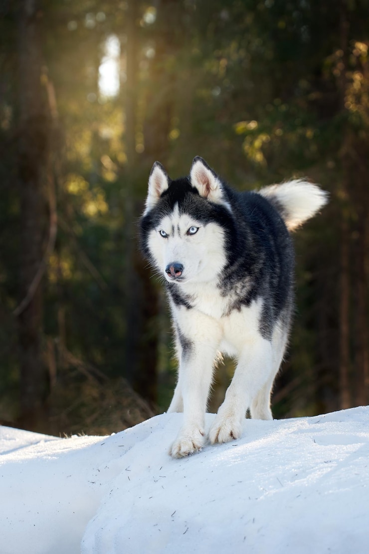 Photo cute playful husky dog on walk in sunny winter forest